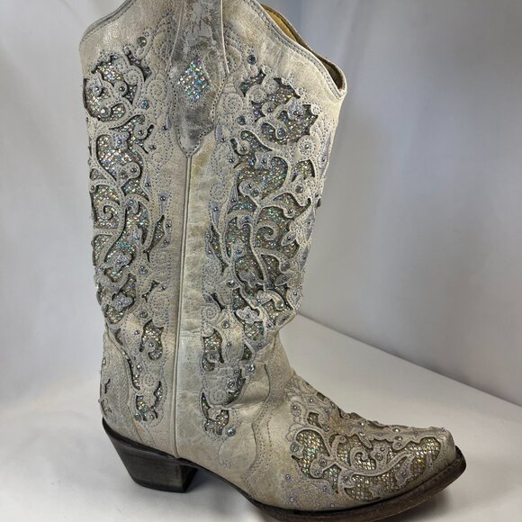 WOMEN'S WHITE GLITTERED INLAY AND CRYSTALS SNIP COWBOY BOOT 9M - Picture 16 of 16
